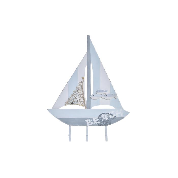 DKD Home Decor Perchero Pared Mediterraneo con Velero Madera Metal Azul Blanco 4 x 56 x 43 cm