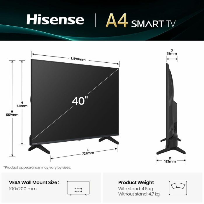 Hisense 40A4Q Smart TV 40" Full HD (101.6 cm) con WiFi, HDR, DLED, VIDAA U8.5 y DVB-T2/C/S2 Negro 21 Hisense 40A4Q Smart TV 40" Full HD (101.6 cm) con WiFi, HDR, DLED, VIDAA U8.5 y DVB-T2/C/S2 Negro 21
