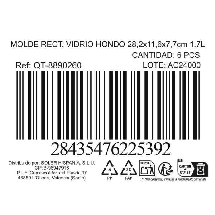 Quttin Molde Rectangular Vidrio Hondo 28.2x11.6x7.7 cm, 784g (6 Unidades) 3