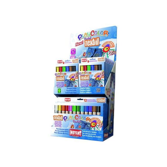 Tempera Instant Solida Playcolor Textil Pocket 5Gr. Expositor De 144 (12 Estuches De 6 Colores Y 6 Estuches De 12 Colores)