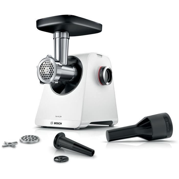 Picadora de carne - BOSCH - MFWS420W Serie 4 - Blanco - 500 W - motor bloqueado 1900 W - 2,5 kg/min - 2 velocidades - 2 rejillas de trituración Picadora de carne - BOSCH - MFWS420W Serie 4 - Blanco - 500 W - motor bloqueado 1900 W - 2,5 kg/min - 2 velocidades - 2 rejillas de trituración