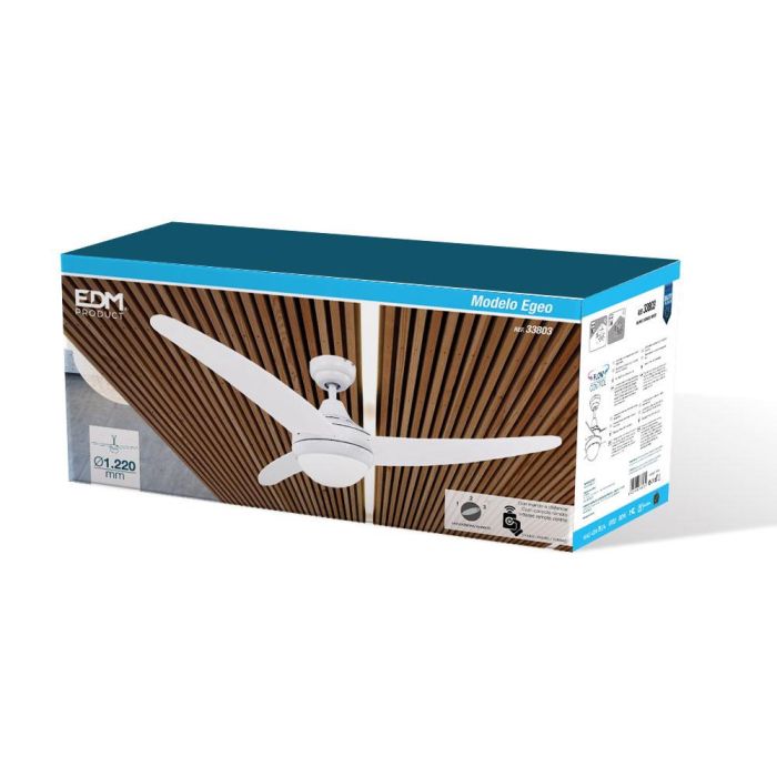 Edm Ventilador de Techo Egeo Blanco Ø122cm, 3 Velocidades, Mando a Distancia, Luz IP20 3 Edm Ventilador de Techo Egeo Blanco Ø122cm, 3 Velocidades, Mando a Distancia, Luz IP20 3