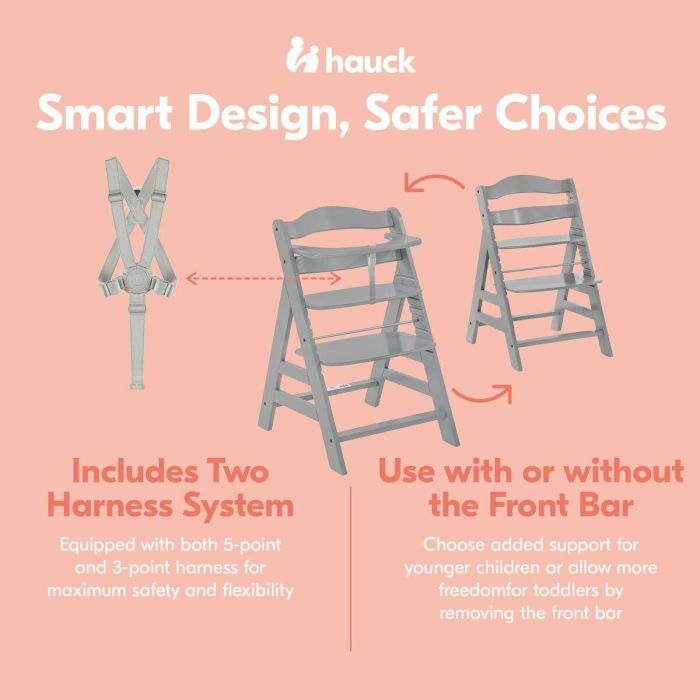 HAUCK Alpha + Silla alta de madera escalable para bebé - Asiento y reposapiés ajustables, arnés 5 puntos, gris 4