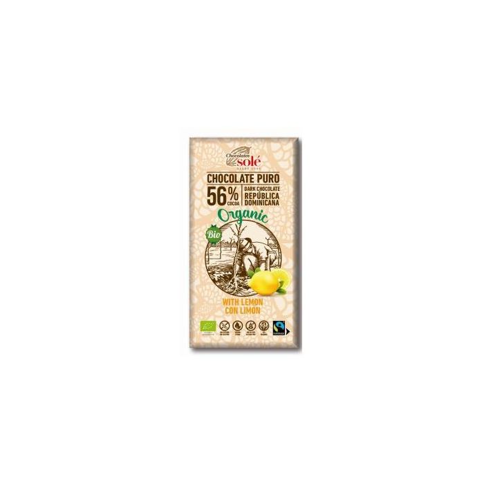 CHOCOLATES SOLE Chocolate Negro 56% con Limón 100g. Ecológico Sin Gluten Vegano