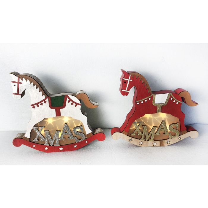 DKD Home Decor Decoración Luminosa Navidad Tradicional Caballo Madera LED Blanco Rojo, Set 6 Unidades Surtidas con Pilas LR44