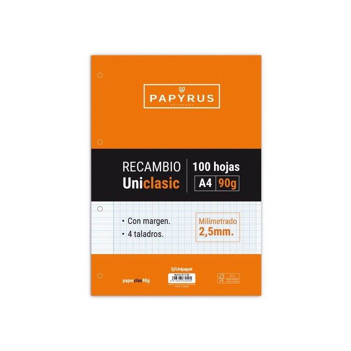 Recambio Papyrus Uniclasic A4 100H 90G 4 Taladros Milimetrado C/Margen 24 unidades