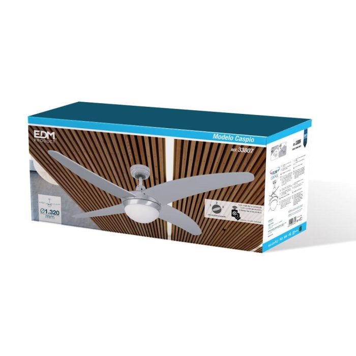 Edm Ventilador de Techo Caspio, Plateado/Níquel, Ø132cm, 60W, 3 Velocidades, Mando a Distancia, con Luz 3