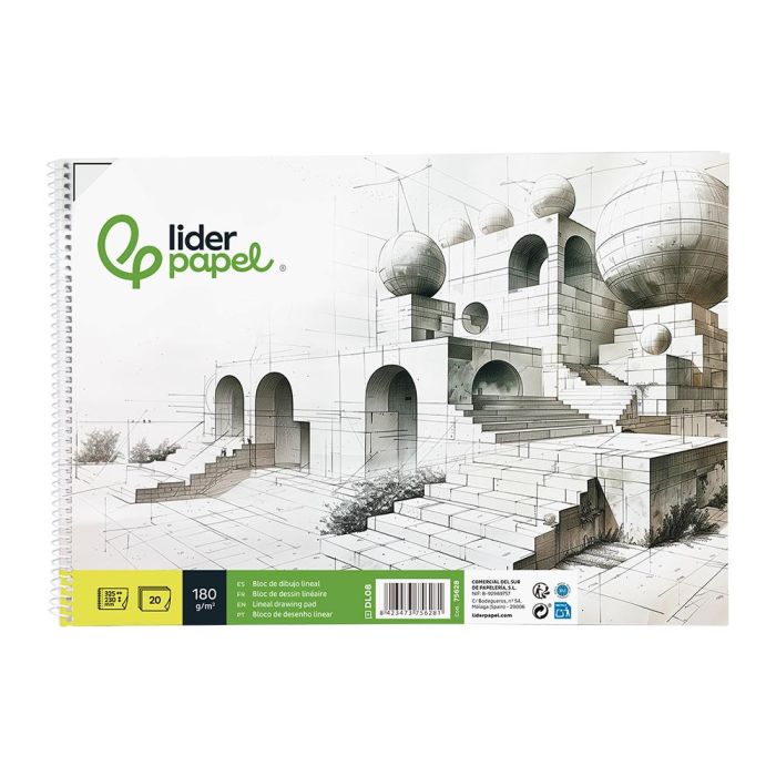 Bloc Dibujo Liderpapel Lineal Espiral 230x325 mm 20 Hojas 180 gr-M2 Con Recuadro Perforado 2