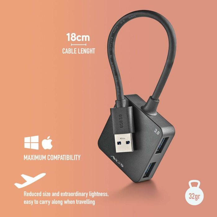 NGS IHUB3.0Tiny/ IHUB3.0TINY - Hub USB 3.0 de 4 Puertos, Alta Velocidad 5Gbps, Compatible USB 3.0/2.0/1.1 para PC/MAC 6