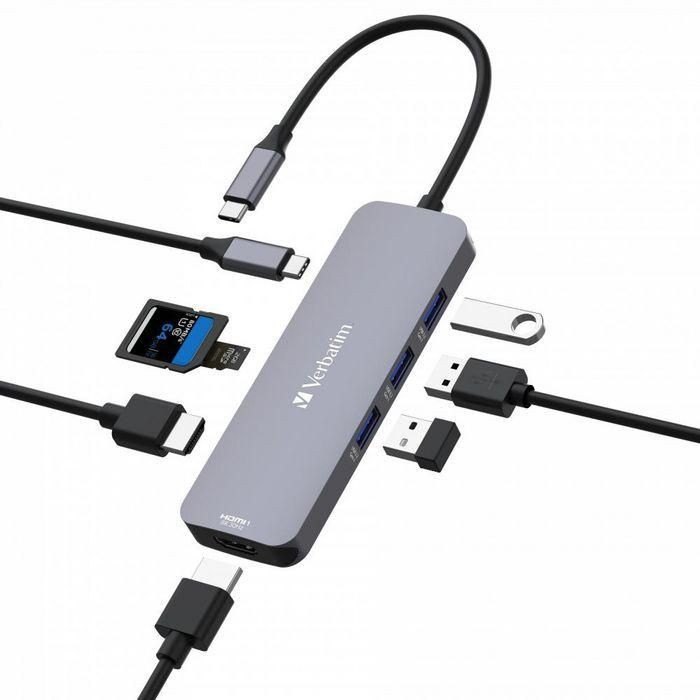 Verbatim 2 x HDMI, 8K 30Hz, 4K 30Hz, 3 x USB-A 3.2 Gen1, 5Gb/s, 1 x SD 3.0, 1 x microSD 3.0, 1 x USB-C PD, 100W, 121mm x 40mm x 13mm 2