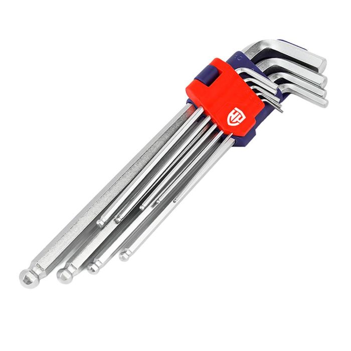 Workpro Juego Llaves Allen Cromo Vanadio Brazo Largo y Punta Esférica, Métricas (1.5-10mm) - 9 Piezas