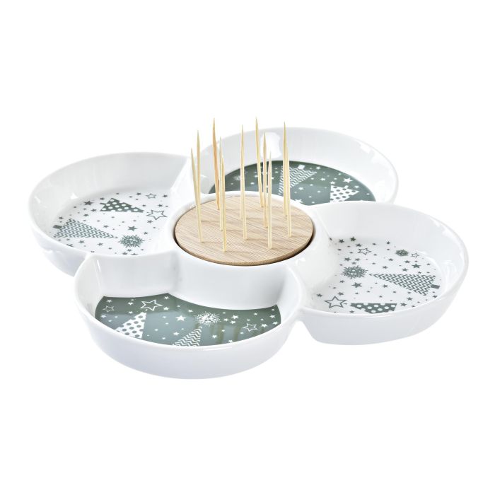 DKD Home Decor Fuente Aperitivo Tradicional Navidad Gres y Bambú Verde, Blanco, Natural 22x7x22 cm