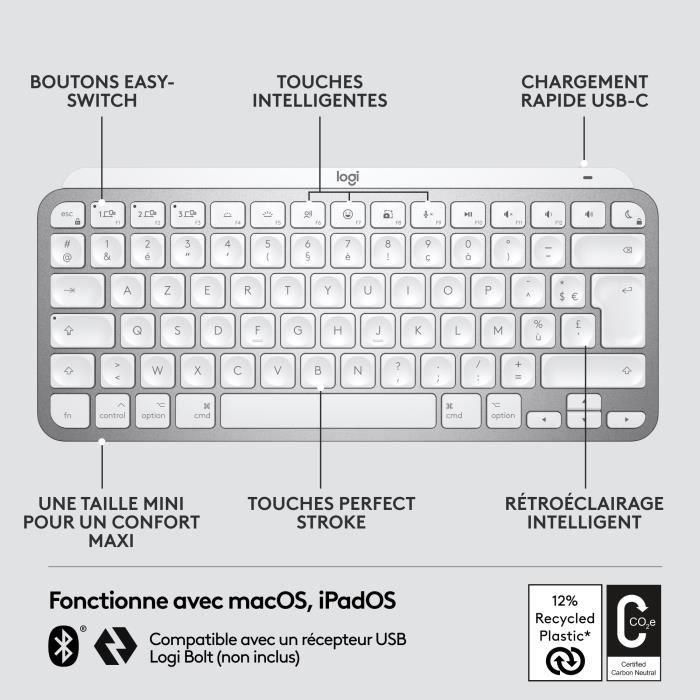 Teclado inalámbrico Logitech - MX Keys Mini - MAC - Compacto, Bluetooth, retroiluminado para MAC, iOS, Windows, Linux, Android 5