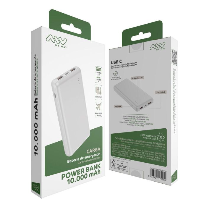 Myway power bank 10.000 mAh USB 2 puertos 2A + cable tipo C blanca 1