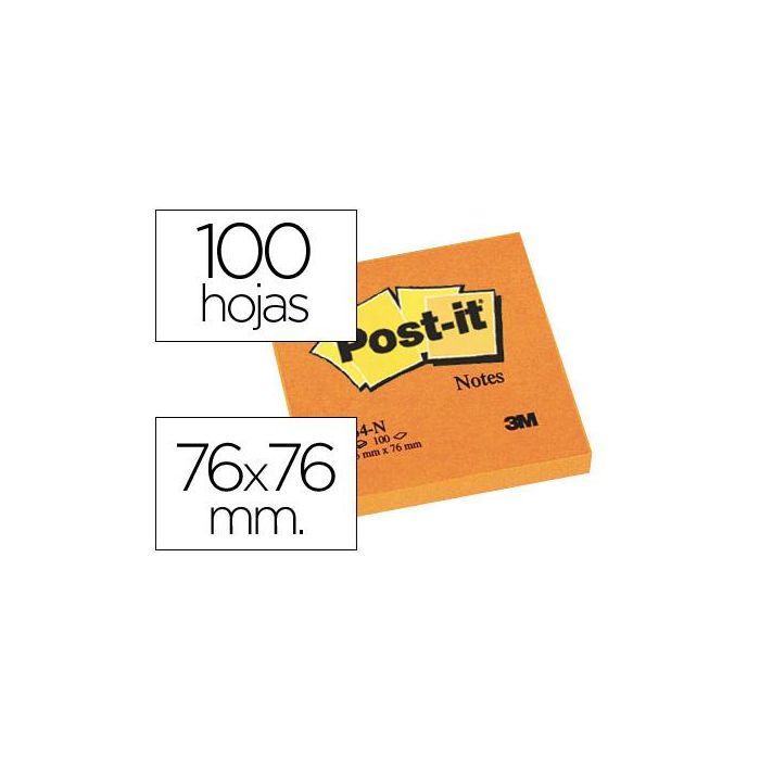 Bloc De Notas Adhesivas Quita Y Pon Post-It 76x76 mm Naranja Neon Con 100 Hojas 6 unidades