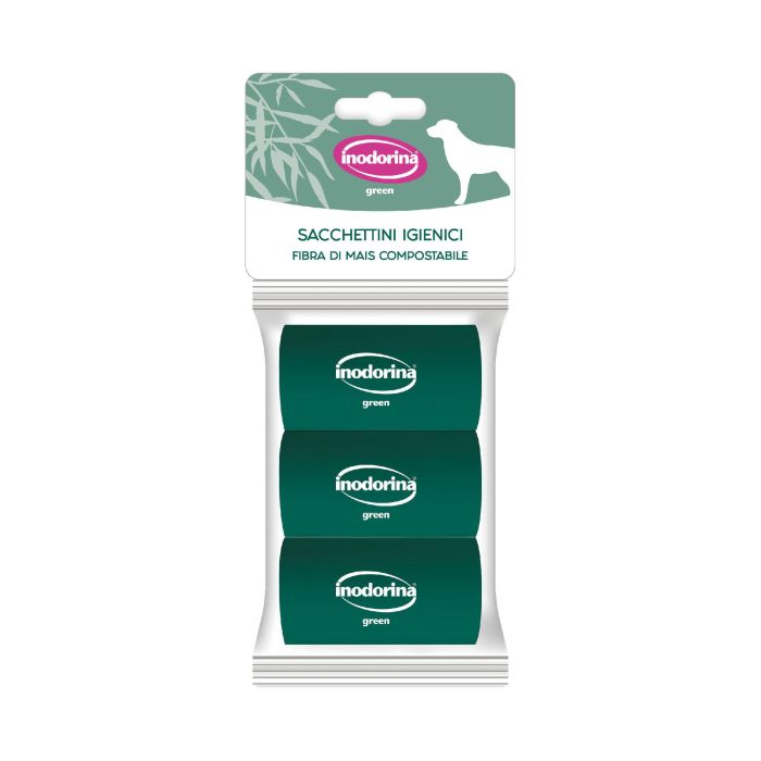 Inodorina Bolsas Higiénicas Compostables de Fibra de Maíz para Perros, Resistentes y Aptas para Dispensadores, Pack 3 Rollos