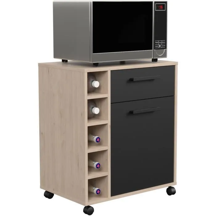 Parisot Carrito de Servicio STUDIO803356 1 Puerta 1 Cajón 5 Compartimentos Botellas Roble / Negro Mate 60 x 40,3 x 71 cm 5