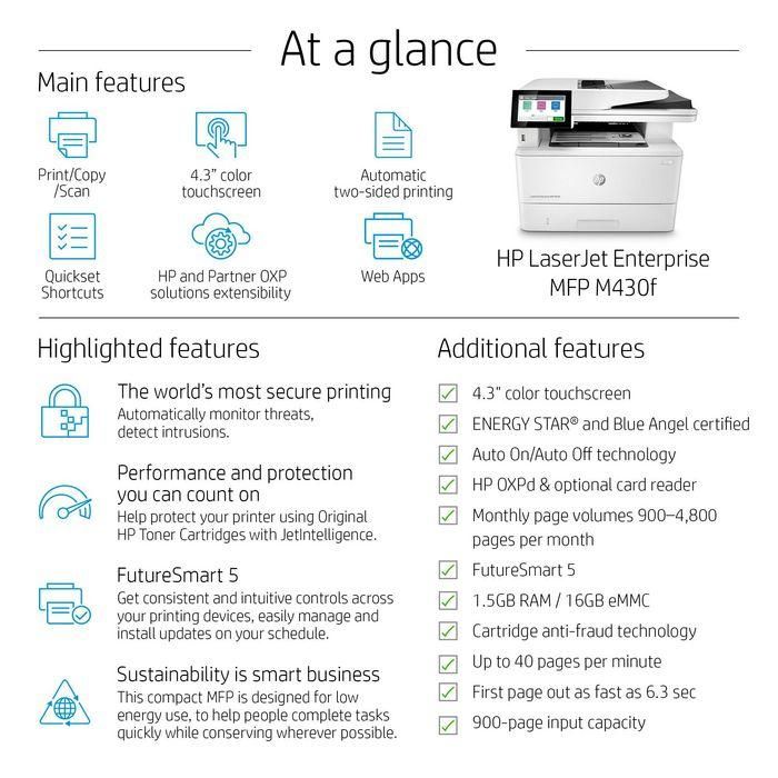 HP LaserJet Enterprise M430f - Impresora Multifunción Láser Monocromo, 40 ppm, Fax, Escaneo/Copia Dúplex Automático, Pantalla Táctil 4.3", Ethernet