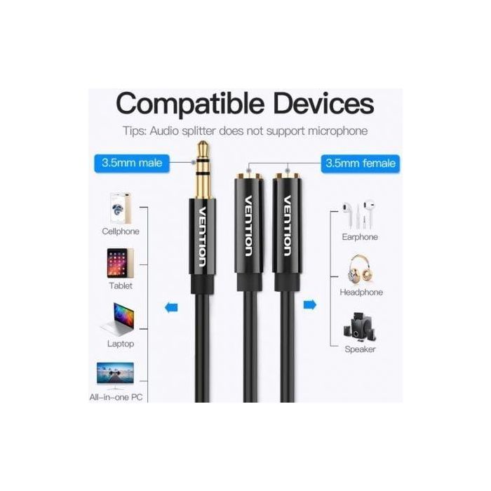 Vention BBSBY Cable Divisor Estéreo Jack 3.5mm Macho a 2 Hembras, 30cm, Negro, Conector Delgado para Teléfono, Chapado en Oro 2 Vention BBSBY Cable Divisor Estéreo Jack 3.5mm Macho a 2 Hembras, 30cm, Negro, Conector Delgado para Teléfono, Chapado en Oro 2