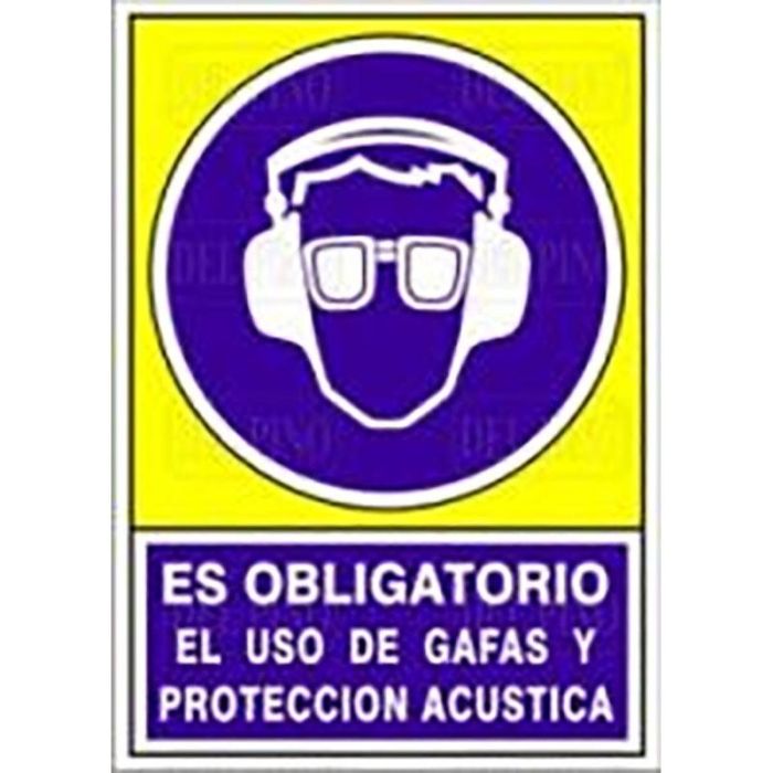 DUVER 624 Señal de Seguridad Adhesiva 148x105 mm - Uso Obligatorio de Gafas y Protección Acústica