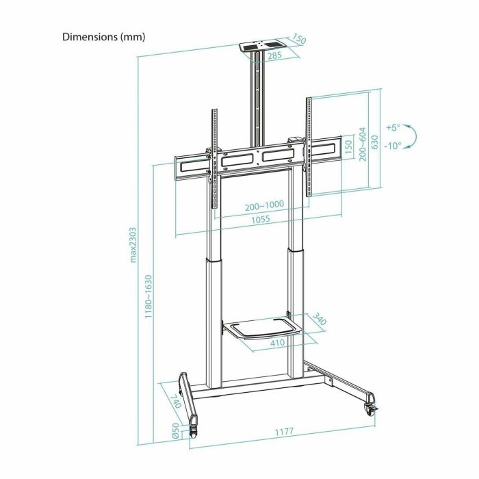TooQ FS20406HM-B Soporte de Suelo con Ruedas para TV 60-100 Pulgadas, 130 kg, Ajustable en Altura, Negro 9 TooQ FS20406HM-B Soporte de Suelo con Ruedas para TV 60-100 Pulgadas, 130 kg, Ajustable en Altura, Negro 9