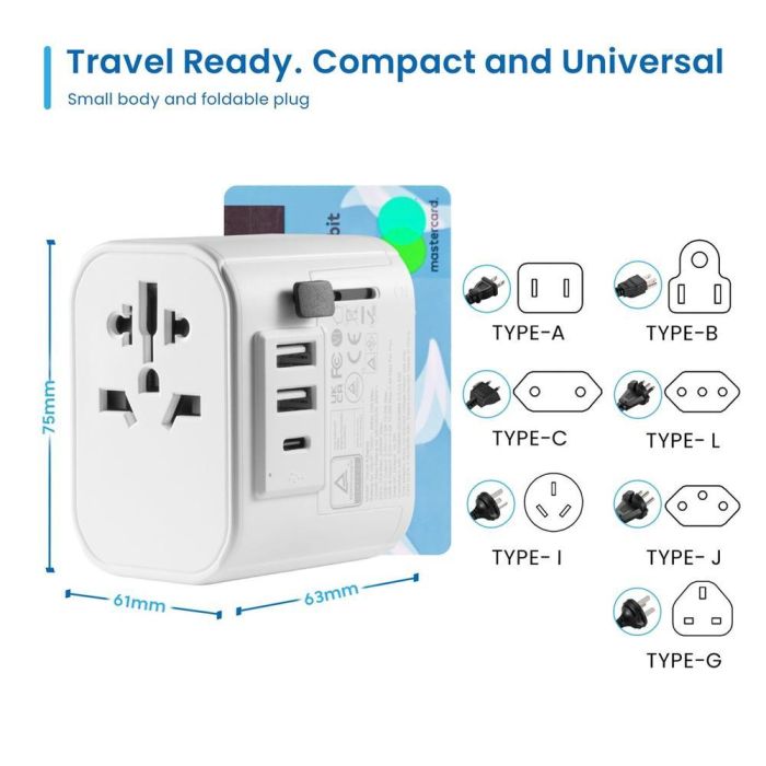 Ewent Adaptador de Viaje Universal EW1475 con 2 USB y Tipo-C, Compatible con 224 Países 1