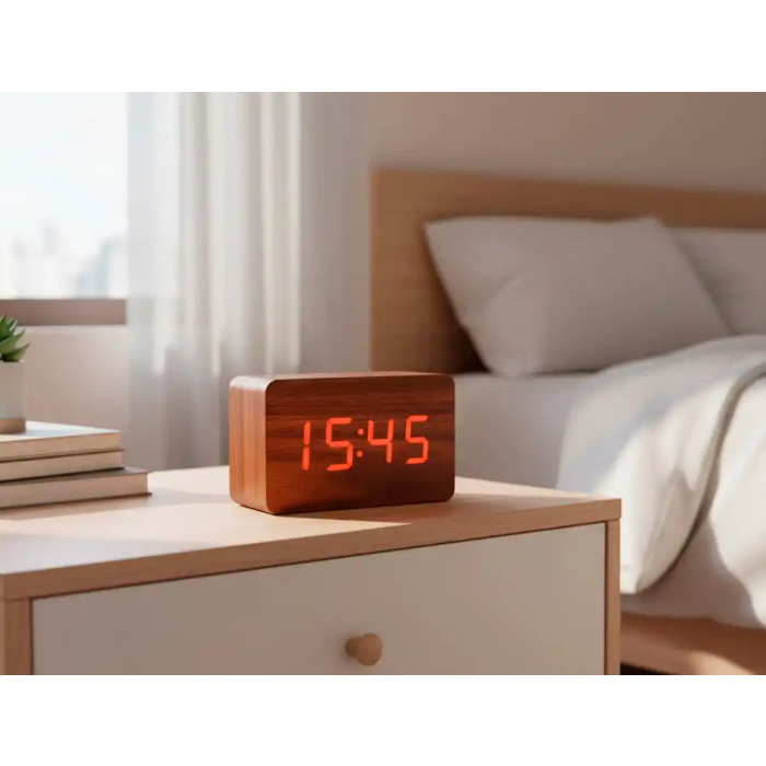 Q-connect Reloj de Sobremesa Digital con Acabado en Madera y Luz Roja 100x40x60mm 5