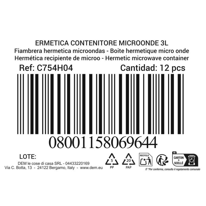 Dem Fiambrera 3L Hermética Microondas Rectangular 29.5x21.5x7.5 cm (12 Unidades)