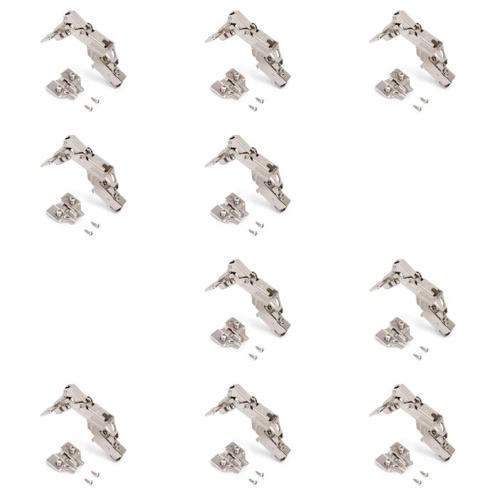 Emuca Lote de 10 bisagras supercodo X91 apertura 165 grados con cierre suave y suplementos Euro, Altura 0, Acero, Niquelado