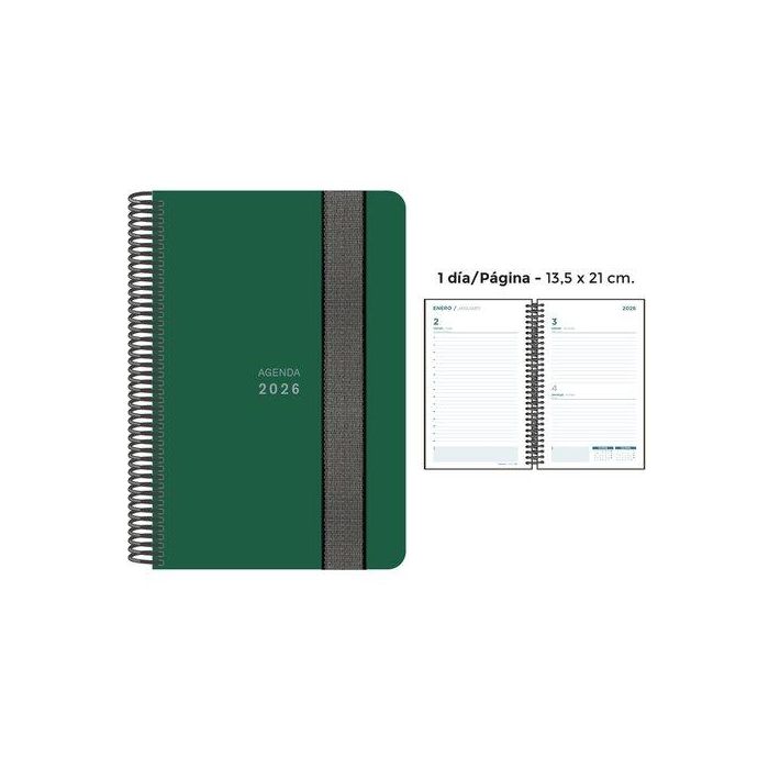 Agenda Anual (2026) Senfort Unicolor Espiral Tapa Pp Con Goma 135X210 D/P Verde Oscuro