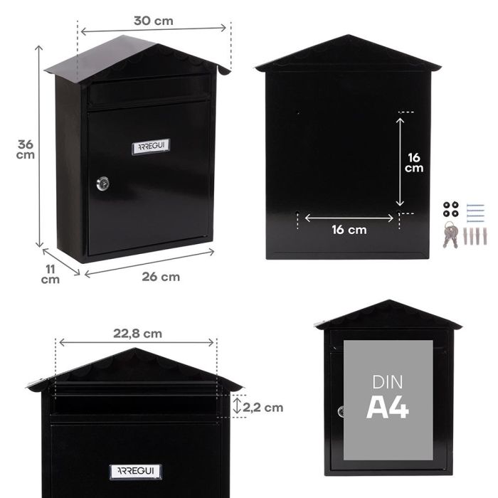 Arregui Visit - Buzón Individual Exterior Mediano (A4) de Acero Negro 30x11x36 cm - Apertura Lateral, con Tejadillo 2