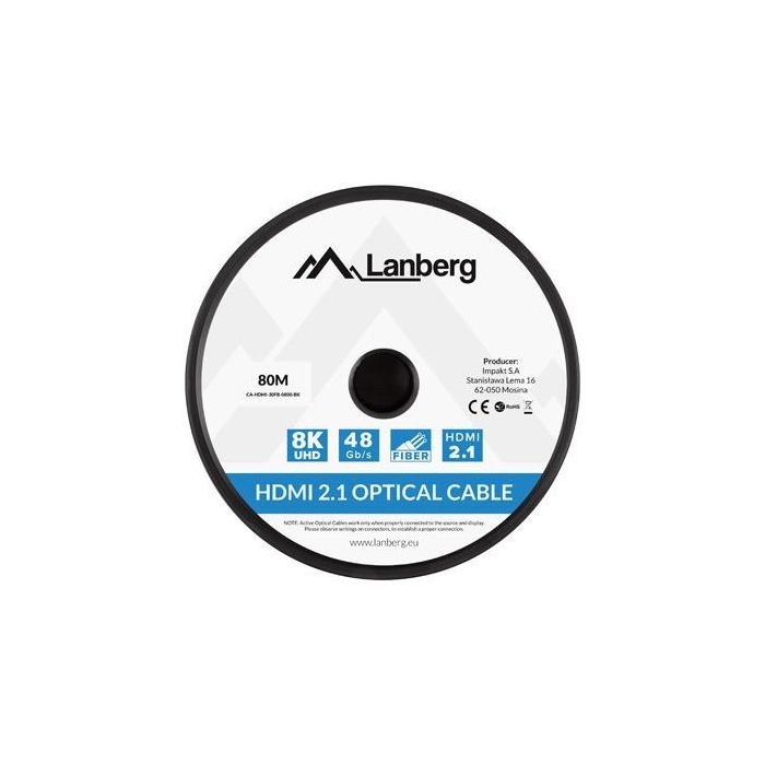 Lanberg CA-HDMI-30FB-0800-BK Cable HDMI 2.1 de 80m, 48 Gbit/s, Conector Tipo A Macho a Macho, Contactos Chapados en Oro, Negro 2 Lanberg CA-HDMI-30FB-0800-BK Cable HDMI 2.1 de 80m, 48 Gbit/s, Conector Tipo A Macho a Macho, Contactos Chapados en Oro, Negro 2