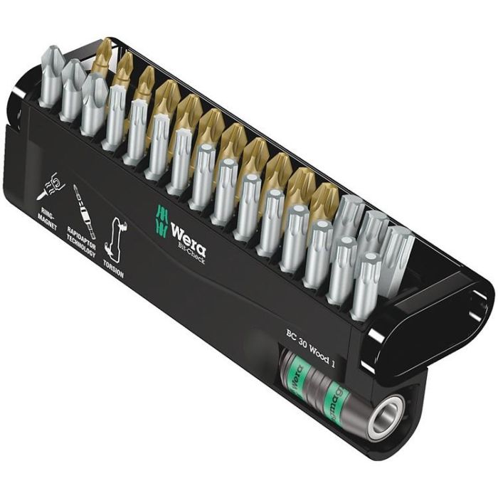 Wera 30 Wood 1 - Juego de Puntas para Madera, 30 Piezas, Phillips, Pozidriv, Torx, Acero