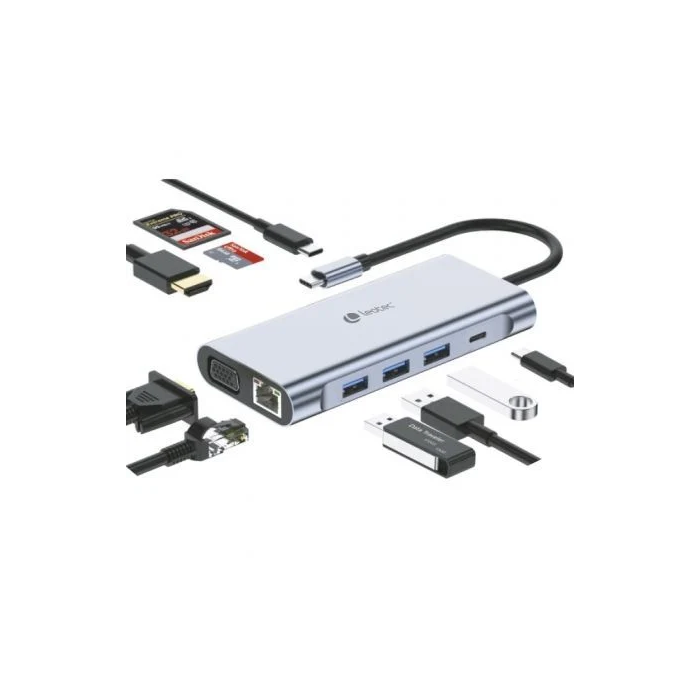 LEOTEC LEDS01 Base para Portátil y Replicador de Puertos, Gris con USB-C, HDMI 4K, VGA, Ethernet Gigabit, Lector Tarjetas SD/MicroSD y Carga PD 100W