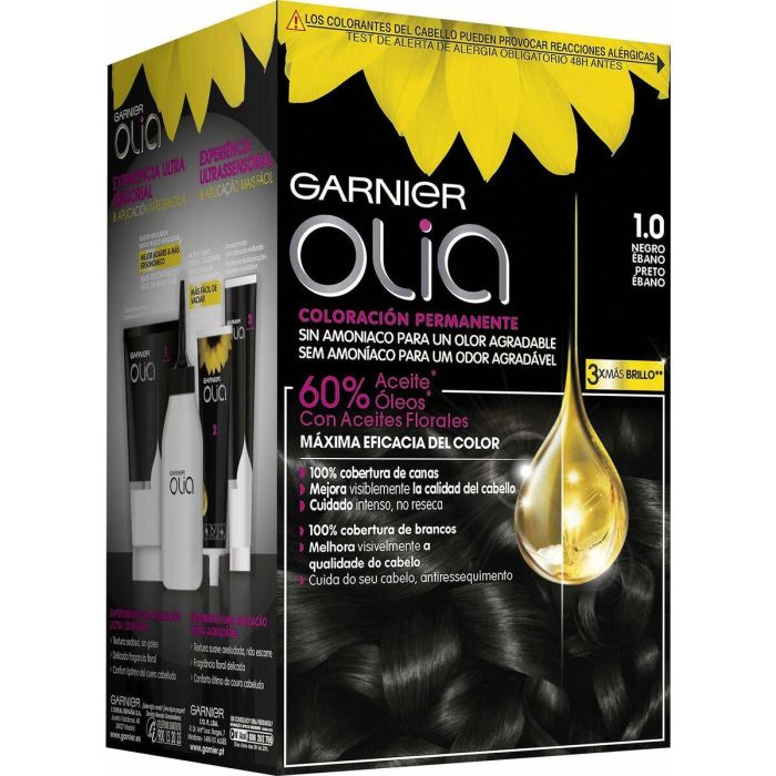 Garnier Olia #1.0 Tinte Coloración Permanente Sin Amoniaco Negro, Cobertura Total Canas, Vitalidad y Brillo con Aceites Florales 1 unidad 0 Garnier Olia #1.0 Tinte Coloración Permanente Sin Amoniaco Negro, Cobertura Total Canas, Vitalidad y Brillo con Aceites Florales 1 unidad 0