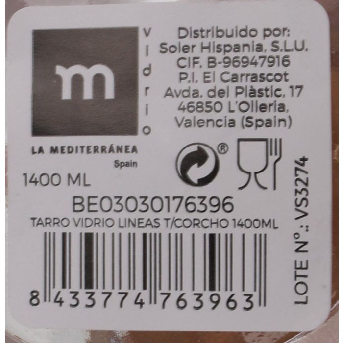 La Mediterranea Tarro Vidrio Lineas Tapa Corcho 1400ml 10.3 x 19.5 x 10.2 cm 8