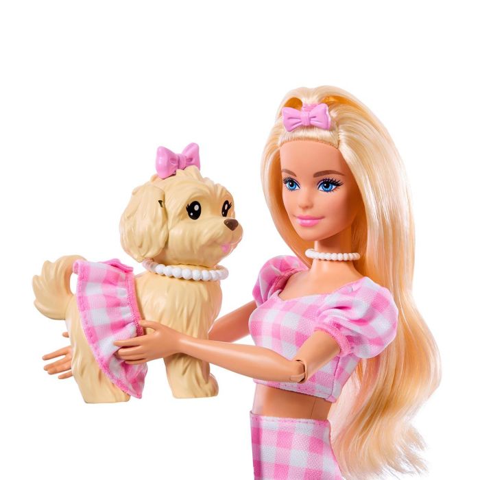 Barbie JFP36 Twinning Looks Muñeca Rubia con Perro y Conjunto Vichy Rosa 2