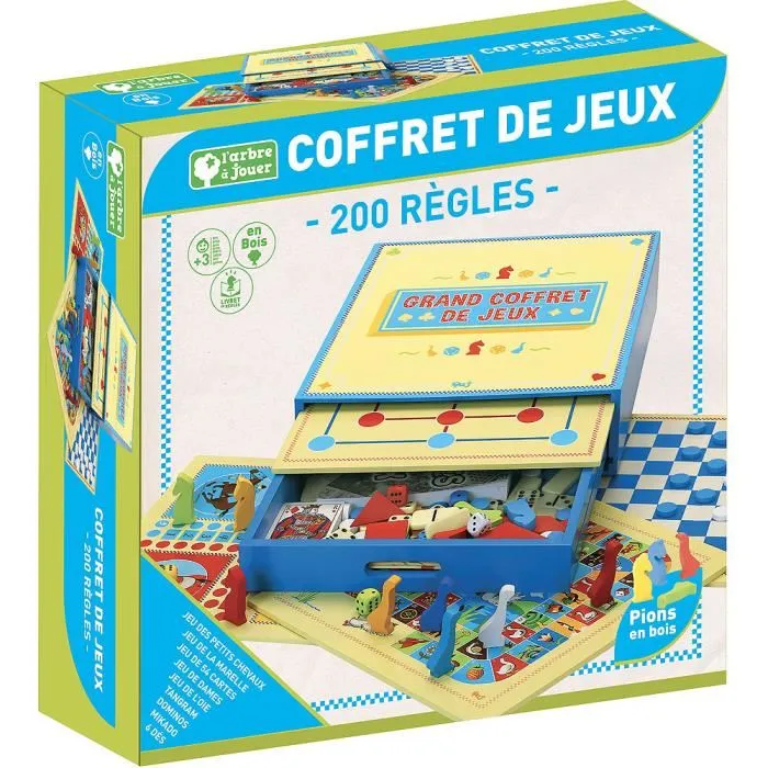 L'Arbre A Jouer 66200 Caja de Juego Grande - 200 Reglas para Caballos, Ganso, Damas, Rayuela, Mikado, Tangram, Dominó, Baraja de Cartas - A Partir de 3 Años