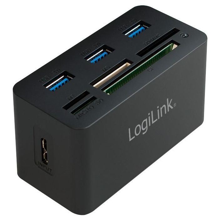 LogiLink CR0042 USB 3.0 Hub 3 Puertos USB 3.0 con Lector de Tarjetas Todo-en-Uno Compatible con CF, MS Duo, MicroSD y más, Negro