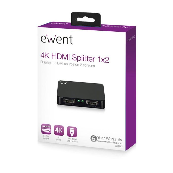 Ewent EW3720 Splitter 4K HDMI 1x2 Divisor para 2 Televisores con Soporte 3D y Audio HD, Plug and Play 3