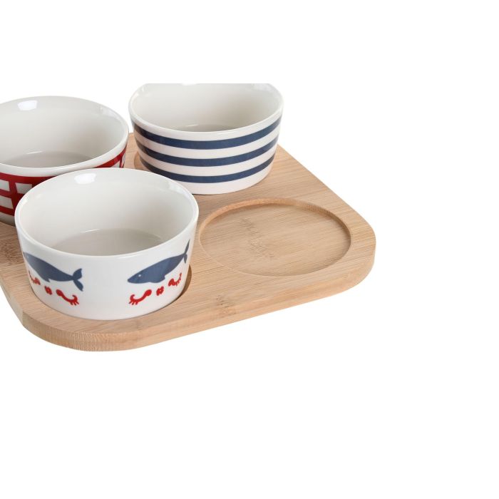 DKD Home Decor Aperitivo Mediterraneo Cottage Casitas Set de 5 Piezas Gres y Bambú Azul Rojo Blanco Natural 19.7 x 19.7 x 1 cm 1