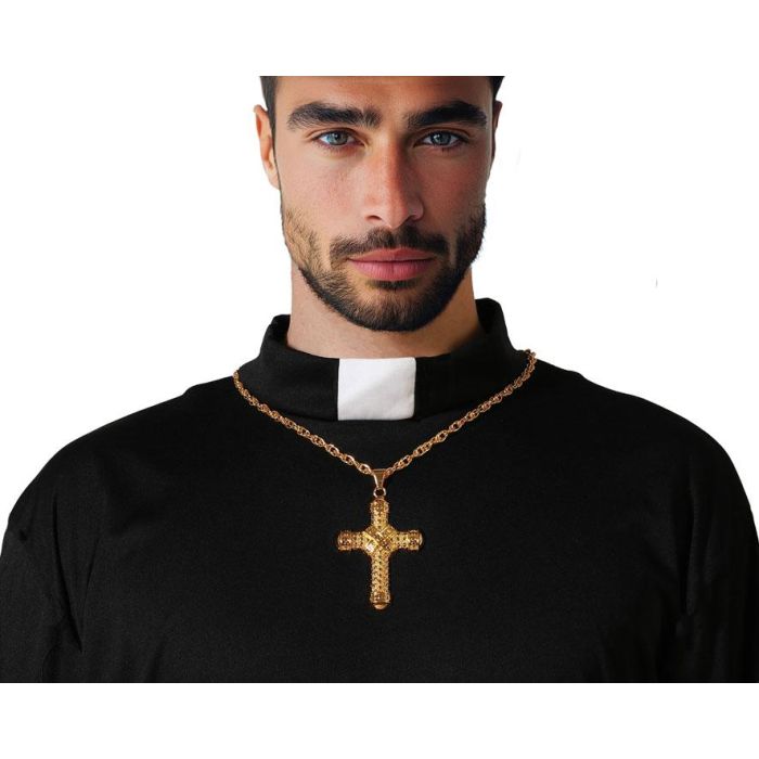 Collar Dorado con Cruz en Relieve para Disfraz de Cura, Exorcista o Papa - Accesorio Masculino para Carnaval