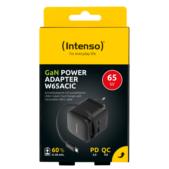 Intenso W65ACIC Cargador de Pared GaN 65W con 3 Puertos (2 USB-C, 1 USB-A) PD 3.0, PPS, QC 4.0, Negro, Enchufe EU 3