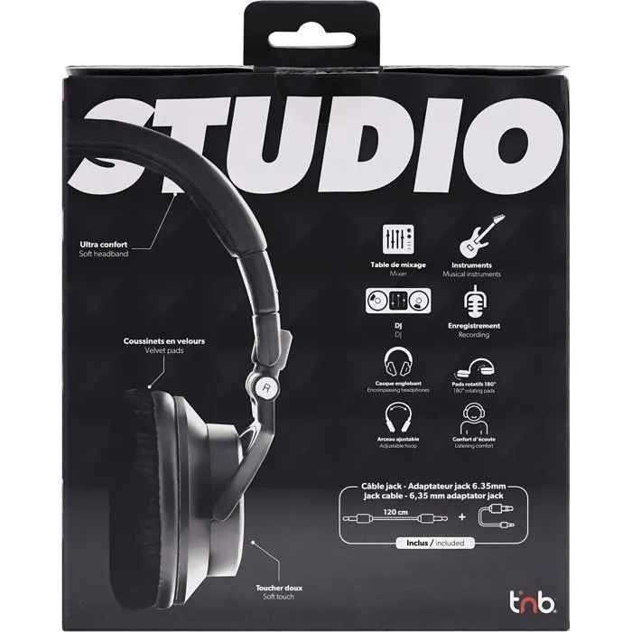 TNB Auriculares de Monitorización para Estudio, TNB1736382807993, Cable con Conectores 3.5 mm y 6.35 mm, Diadema Ajustable y Plegable, Negro