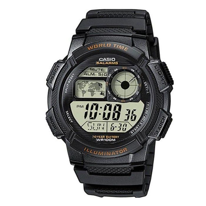 Casio AE1000W1AVEF Reloj de Cuarzo para Hombre con Brazalete de Resina Negro y Dial Digital Gris. Sumergible 10 ATM, con Alarma y Zonas Horarias Casio AE1000W1AVEF Reloj de Cuarzo para Hombre con Brazalete de Resina Negro y Dial Digital Gris. Sumergible 10 ATM, con Alarma y Zonas Horarias