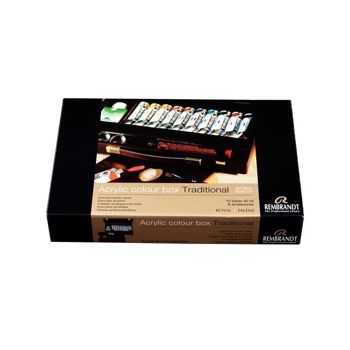 Talens Rembrandt Caja con 10 Tubos de 40 mL Pintura Acrílica, Colores Surtidos, Incluye Pinceles y Medio Brillante