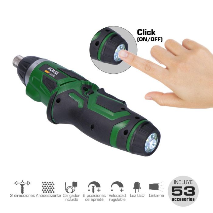 Koma Tools 3v-ar53 Atornillador a Batería Reversible 3.6V Litio-Ion 1300 mAh, 53 Accesorios, Mango Doble Posición, Par 3 Nm, Luz LED 2 Koma Tools 3v-ar53 Atornillador a Batería Reversible 3.6V Litio-Ion 1300 mAh, 53 Accesorios, Mango Doble Posición, Par 3 Nm, Luz LED 2