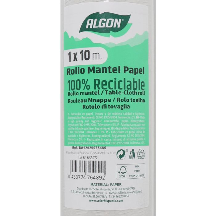 Algon Rollo Mantel Blanco 10 metros x 99 cm de Ancho de Papel con Mandril (12 Unidades)