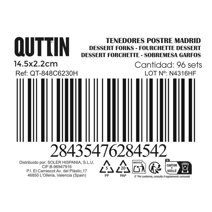 Set de 6 Tenedores de Postre Madrid 1.5 mm - Inde (12 Cajas) 2 Set de 6 Tenedores de Postre Madrid 1.5 mm - Inde (12 Cajas) 2
