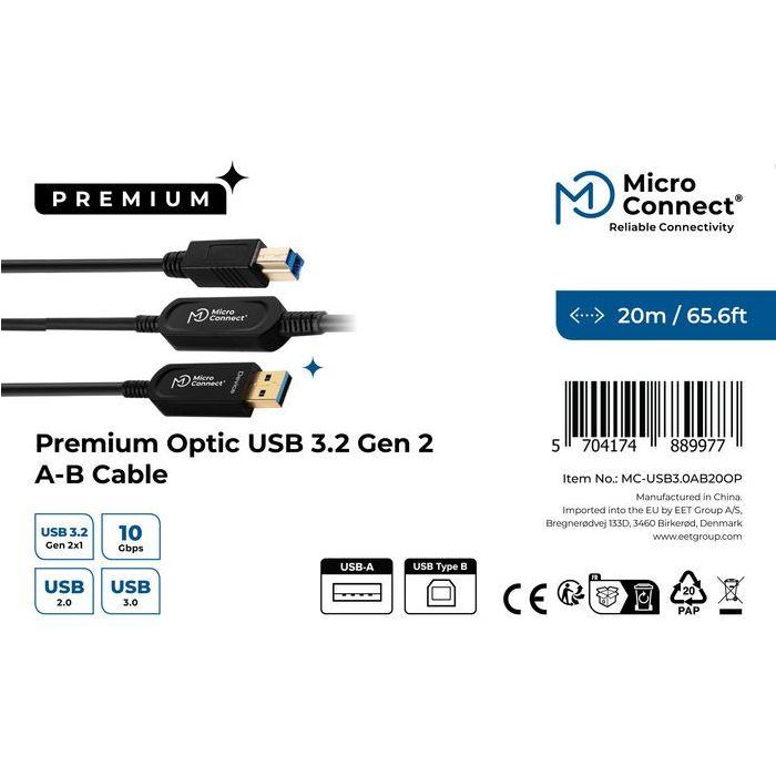 MicroConnect Cable USB 3.2 Gen 2 A-B Fibra Óptica Activo 20m 10Gbps 2